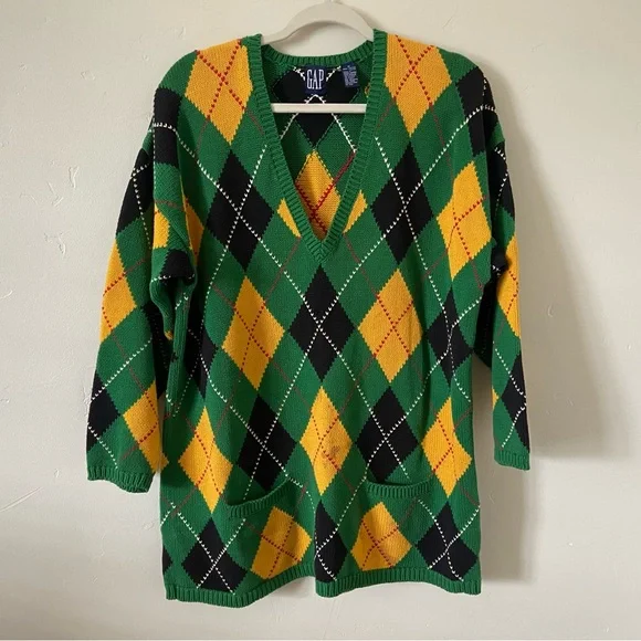 GAP Sweaters Gap Argyle Vneck Sweater Golden Yellow Green